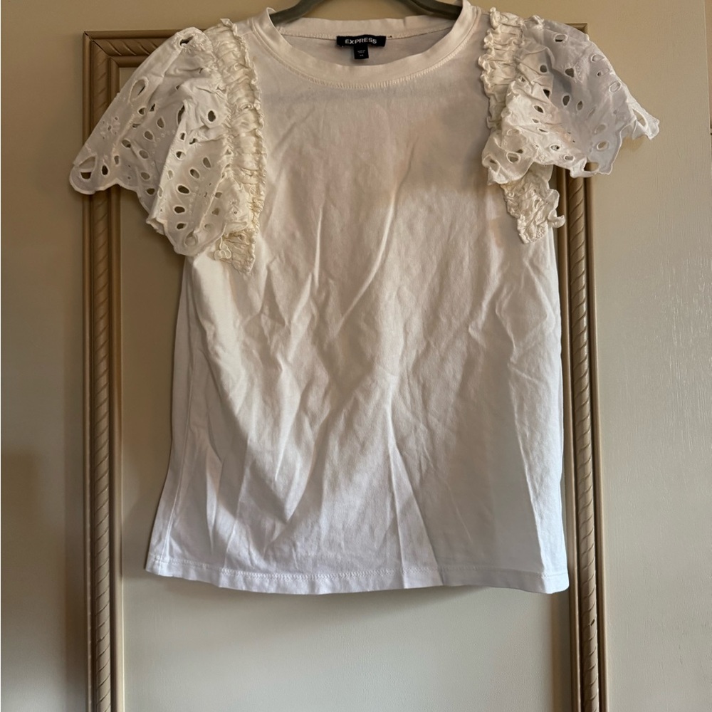 Express White Ruffle Eyelet Sleeve Tee